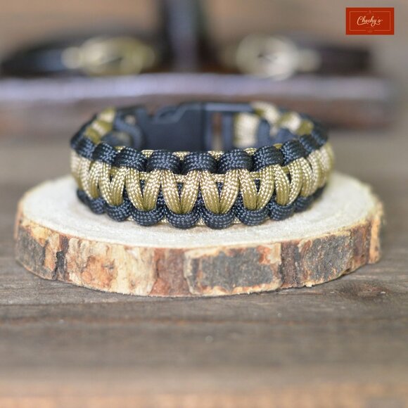 Paracord Bracelet/Survival Bracelet Side Release Buckle Black/Khaki L 8"(ID 183) - Picture 2 of 2